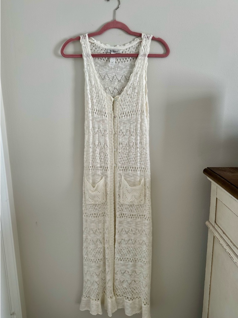 Acemi Ivory Open-Knit Button Duster Cardigan